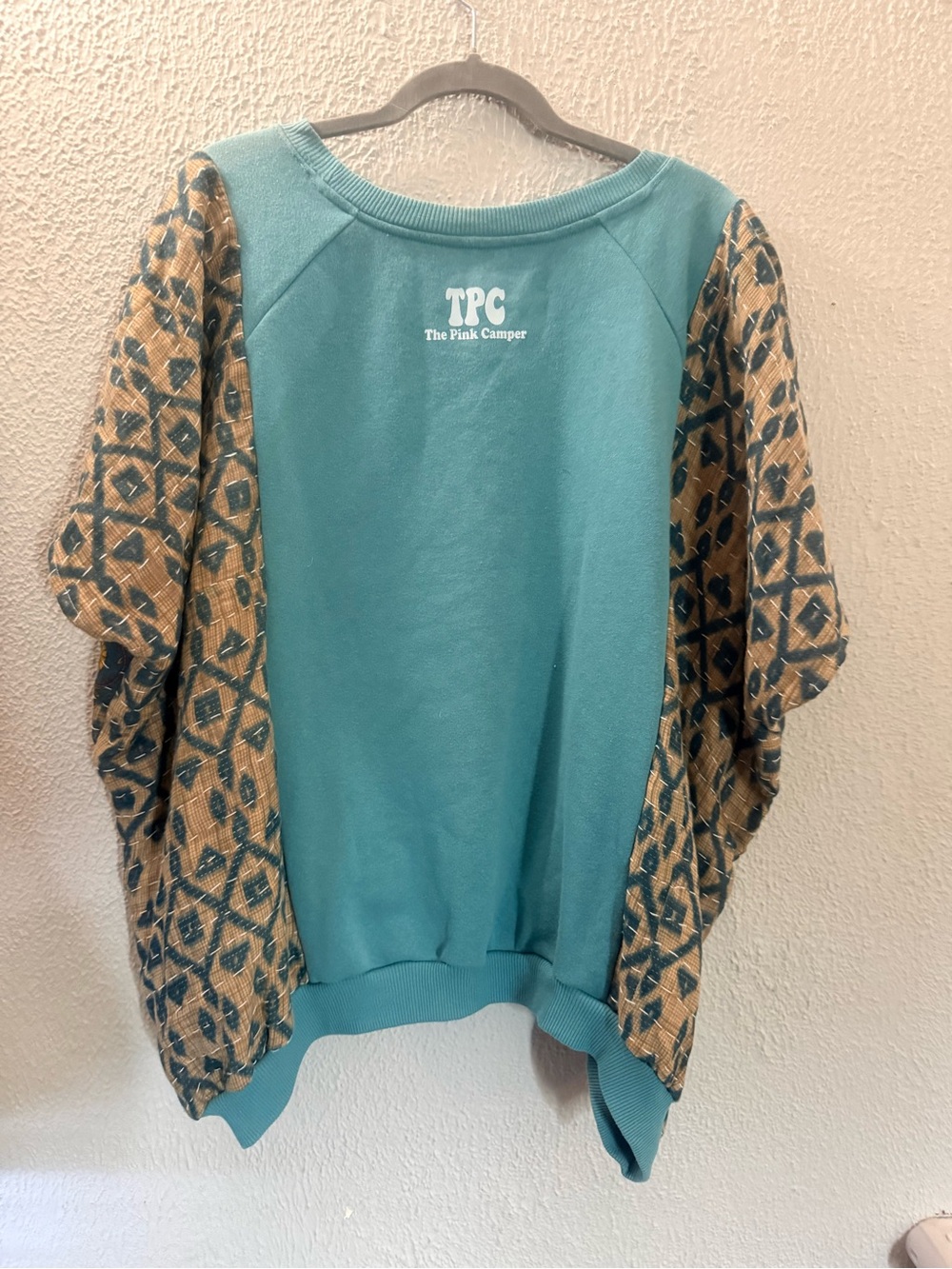 Upcycled Kantha Boho Floral Pullover Sweatshirt - Turquoise/Orange-OSFM - Picture 2 of 2